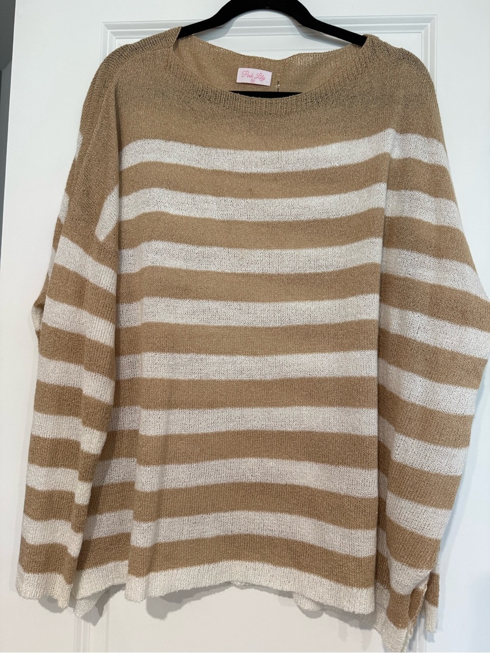 Pink Lily Tan and White Striped Knit Sweater